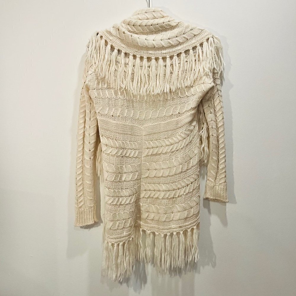 Anthropologie BB Dakota Karli Fringe Cream Long Cable Knit Wool Shawl Cardigan - Picture 11 of 16